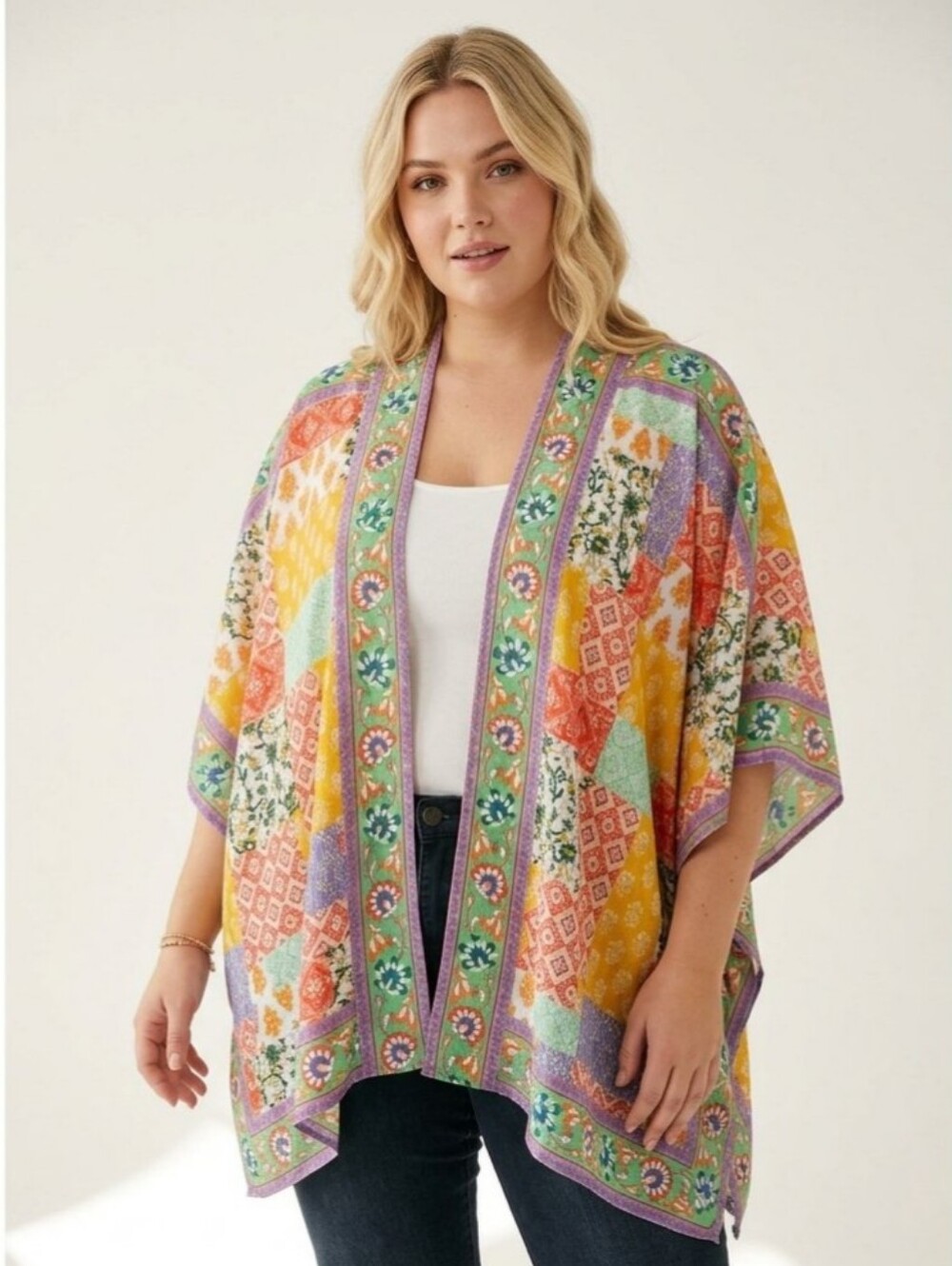 Tolani Collection Patchwork Print Kimono Cardigan Open Front Boho 3X Petite 3XP